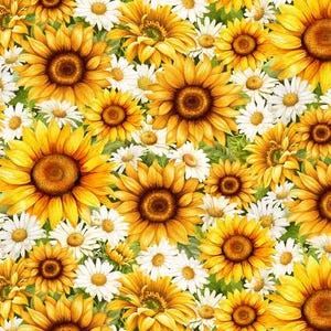 May include: A vibrant floral pattern featuring sunflowers and daisies. The sunflowers have bright yellow petals and dark brown centers, while the daisies have white petals and yellow centers. The background is a mix of green and white.