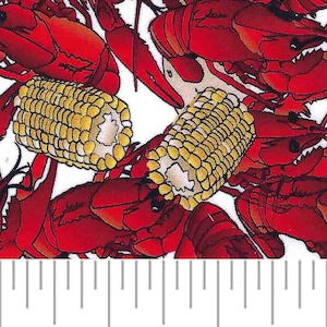 May include: A white background with a repeating pattern of red crayfish and yellow corn on the cob. The crayfish are drawn in a cartoon style with their claws outstretched.