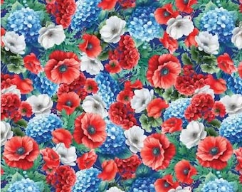 May include: A vibrant floral pattern featuring red poppies, blue hydrangeas, white anemones, and red berries against a deep blue background. The design is a dense arrangement of flowers and foliage.