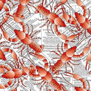 Crawfish Newspaper Print Fabric: Red & Black Cotton, Half Yard