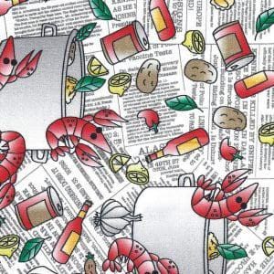 May include: A colorful illustration of a Cajun seafood boil with red crawfish, lemons, garlic, potatoes, hot peppers, and red sauce. The illustration is set against a background of newspaper clippings.