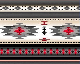 Könnte beinhalten: Muster im Südweststil mit geometrischen Formen in Rot, Schwarz, Grau und Creme. Das Design umfasst Diamant- und Pfeil-Motive, mit horizontalen Streifen und einem strukturierten Aussehen. Geeignet für Textilien und Heimdekoration.