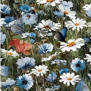 May include: A vibrant floral scene featuring white daisies with yellow centers, blue cornflowers, and a single red poppy. Several blue butterflies are interspersed among the wildflowers and green stems, creating a dense, colorful meadow pattern.