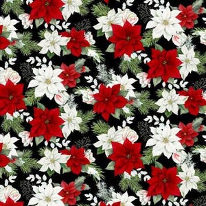 Cardinal Cozy by Nancy Mink Collection. Black Seasonal Floral All Over Christmas 33891-913. 100% Cotton Fabric by the Half Yard.