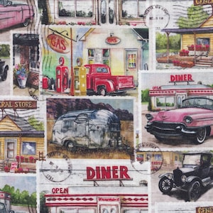 Cartoline di auto d'epoca e ristoranti di Springs Creative. Tessuto 100% cotone al metro quadro.