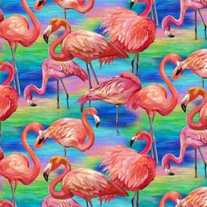 May include: A seamless pattern featuring pink flamingos with long necks and legs, set against a colorful background of blue, green, and purple hues. The flamingos are depicted in various poses, some standing, some in flight, and some with their heads tilted back.
