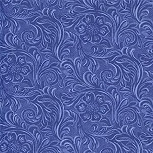May include: Blue embossed leather fabric with a floral pattern.