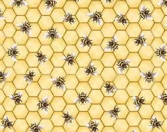 Peach Honeycomb Bee Print: 100% Cotton Fabric by the Half Yard.