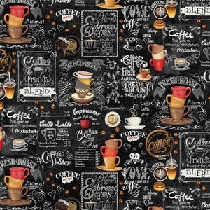 May include: A black and white chalkboard pattern with coffee-themed illustrations and text. The text includes phrases like "Espresso Yourself", "Love & Coffee", "Fresh Roast", and "Coffee Friends". The illustrations include coffee cups, coffee beans, and coffee shop signs.