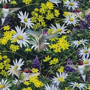 May include: A colorful floral pattern with white daisies and yellow flowers. Hummingbirds with red and green feathers are flying through the flowers.