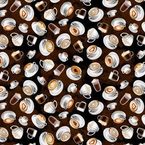 May include: A seamless pattern featuring a variety of coffee drinks, including lattes, cappuccinos, and macchiatos, all on a brown background.