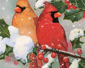 Cardinal Couple. From Four Seasons by David Textiles. 100% Cotton Fabric Panel.