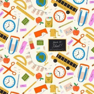 May include: A repeating pattern featuring school-themed illustrations on a cream background. Elements include yellow school buses, orange scissors, blue clocks, globes, red apples, rulers, crayons, and a chalkboard with the text Back to School.