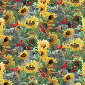 Nature Designs WW-2013-4C-1 Multi - Red Cardinal & Sunflowers. David Textiles. 100% Cotton by the Half Yard.