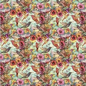 May include: A vibrant, repeating pattern featuring hummingbirds and flowers in shades of red, pink, yellow, and purple. The design includes detailed illustrations of the birds and various floral elements, set against a light blue background.