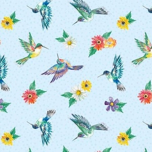 May include: A seamless pattern featuring colorful hummingbirds with blue, green, and yellow feathers flying amongst a variety of flowers on a light blue background with white polka dots.