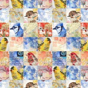 May include: A patchwork design featuring watercolor illustrations of various birds, including blue jays and finches, set against a backdrop of vintage ephemera. The artwork incorporates postage stamps, handwritten script, and floral elements, creating a collage effect.