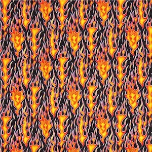May include: A repeating pattern of orange and yellow flames on a black background. The flames are stylised and have a jagged, pointed shape.
