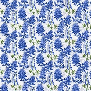 May include: A repeating pattern of bluebonnet flowers in full bloom, with green stems and leaves, set against a white background. The word "BLUEBONNET" is printed on the stems. The state of Texas is also visible.
