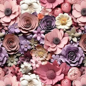Op de afbeelding: Een close-up van een bloemstuk met papieren bloemen in roze, paars en wit. Het arrangement bevat rozen, anemonen en andere bloemsoorten, waardoor een textuurrijke en kleurrijke weergave ontstaat.
