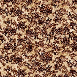 May include: A seamless pattern of brown coffee beans scattered on a beige background. The beans are arranged in a random pattern, creating a visually appealing and textured design.
