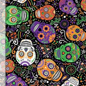 Timeless Treasures Day of the Dead Marti Gras Skulls. 100% Cotton Fabric by the Half Yard.
