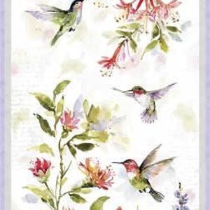 May include: Watercolor painting of hummingbirds in flight with pink and purple flowers. The background is white with a light gray texture.