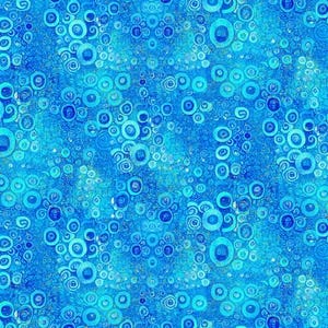 Könnte beinhalten: Abstraktes nahtloses Muster mit blauen und türkisfarbenen Kreisen und Wirbeln auf hellblauem Hintergrund.