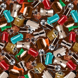 May include: A seamless pattern featuring various coffee brewing equipment, including percolators, French presses, and grinders. The pattern is set against a brown background and features a variety of colors, including red, blue, green, and silver.