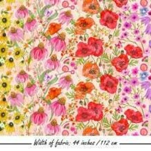 May include: Rainbow fabric with a floral pattern featuring yellow, orange, pink, red, purple, and blue flowers. The fabric is 44 inches wide.