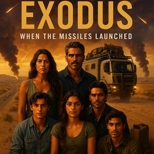 May include: Book cover for "Fallout Exodus" with a group of people in front of a truck. The title is in gold letters, with the subtitle "When the Missiles Launched." The author's name, Carlos Manzo Sr., is at the bottom.