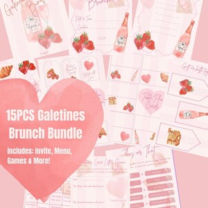 Puede incluir: Un conjunto rosa para un brunch de San Valentín, que incluye invitaciones, menús y juegos. El diseño incluye ilustraciones de acuarela de fresas, botellas de champán y corazones. El texto dice "Galentine's Brunch" y "15PCS Galetines Brunch Bundle".