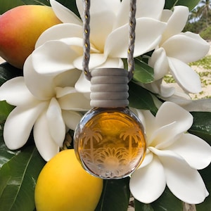 May include: A clear, round glass diffuser with a palm tree and sun design, suspended by a gray rope. The diffuser is filled with a golden liquid and is surrounded by white flowers, green leaves, and two mangoes.