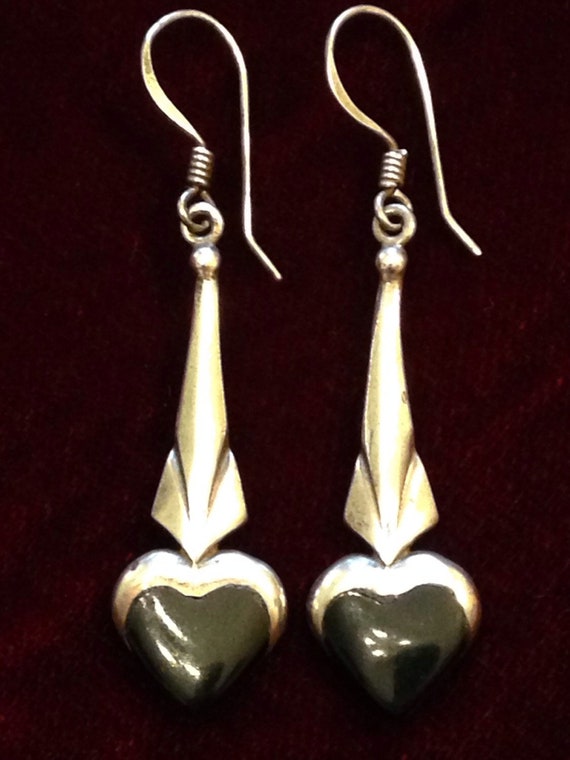 ☆関税込☆VINTAGE HOLLYWOOD★Black Heart Stone Earrings★ Sterling Silver 1980's Vintage Earrings With Black Heart