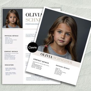 Plantilla de currículum de actor infantil, editable en Canva, currículum de modelo infantil, plantilla de fotografía de rostro de actriz, plantilla de carta de presentación, currículum de referencia