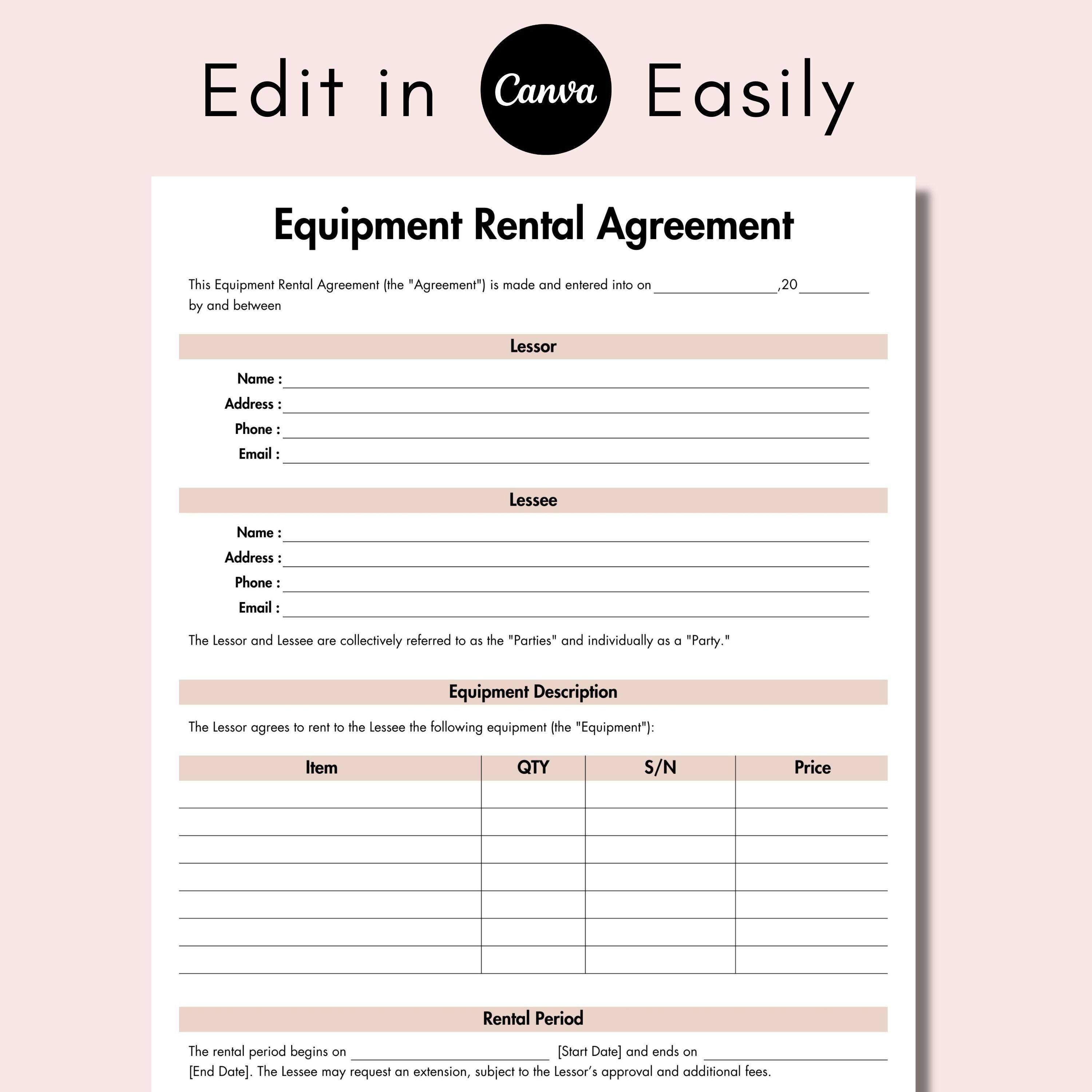 Printable Machine Rental Equipment Rental Agreement, Equipment Rental Contract Form, Printable ...