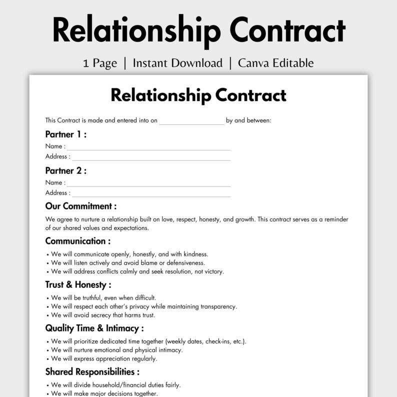 One Page Relationship Contract, Editable Couples Agreement Form ...