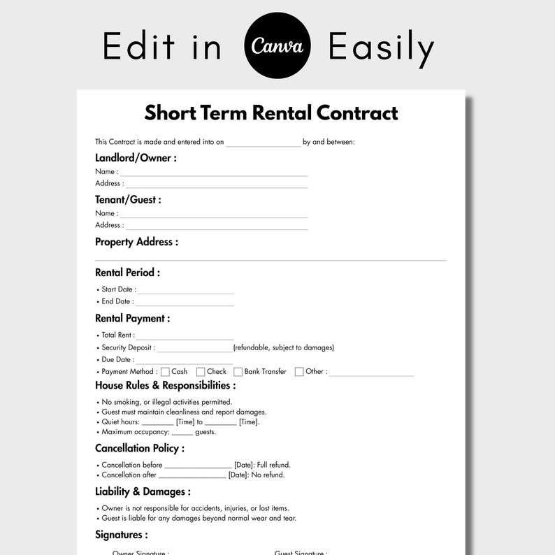 Short Contract One Page Short Term Rental Contract, Editable Airbnb Contract Form ...