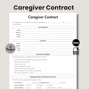 Caregiving Agreement, Printable & Editable Homecare Contract, Caregiving Employment Services, Personal, Elder Care Contract, Nursing Forms