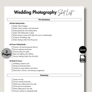 Wedding Photography Shot List, Printable & Editable Wedding Planner List, Wedding Photo Checklist, Wedding Photographer List, Canva Template