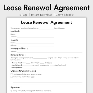 One Page Lease Renewal Agreement, Editable Lease Extension Contract Template Canva, Printable Residential Lease, Landlord Rental Apartment