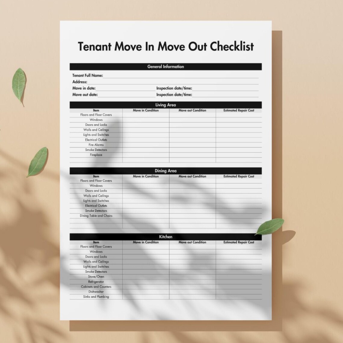 Tenant Move in Move Out Checklist Black, Printable Walkthrough ...