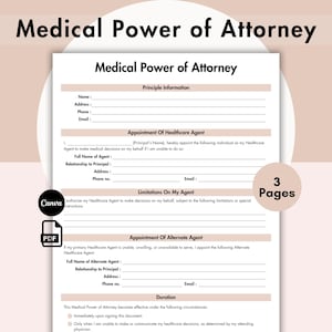 Può includere: Un documento di procura medica con il titolo in alto. Il documento include campi per informazioni personali, dettagli dell'agente e limitazioni. Il documento è etichettato come 3 pagine e include un logo Canva e PDF.