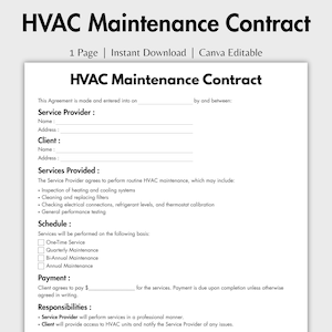 One Page HVAC Maintenance Contract, Editable Heating & Cooling Service Agreement Form Template, Printable Air Conditioning Contract