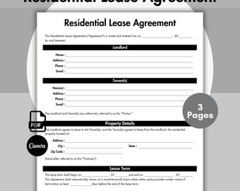 Editable Lease Agreement, Printable, Simple Rental Lease Agreement, Landlord Forms, Residential Housing Agreement, Generic Lease Template