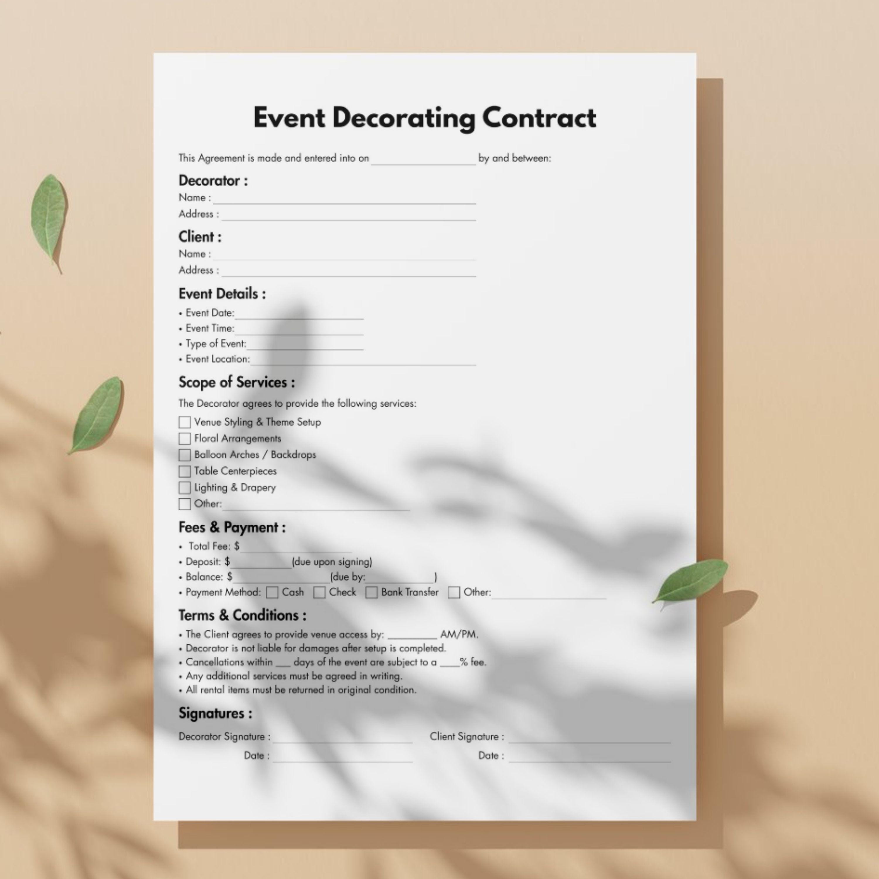 One Page Event Decorating Contract, Editable Event Planning Service