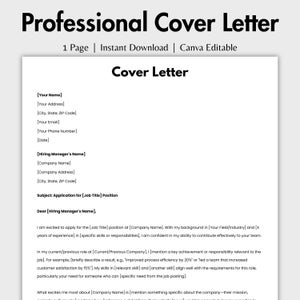 Könnte beinhalten: Eine professionelle Anschreiben-Vorlage mit dem Titel "Professional Cover Letter" oben. Das Dokument enthält Platzhalter für persönliche Informationen und Informationen des einstellenden Managers.
