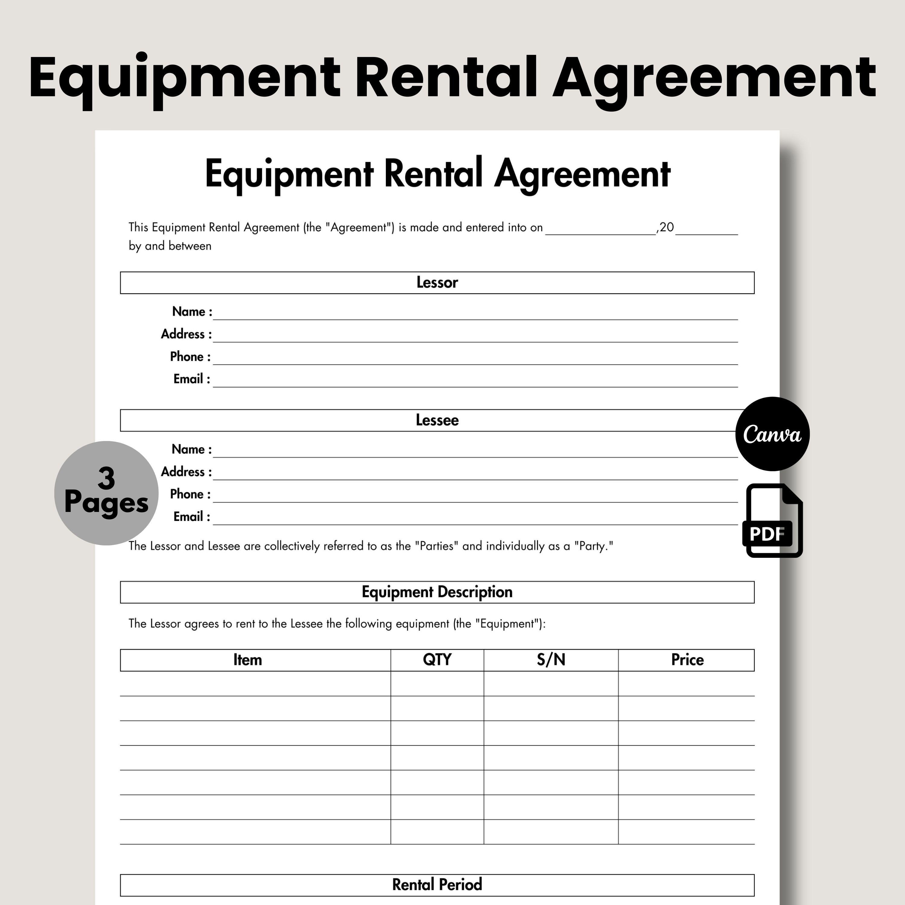 Equipment Rental Agreement, Printable & Editable Equipment Rental ...