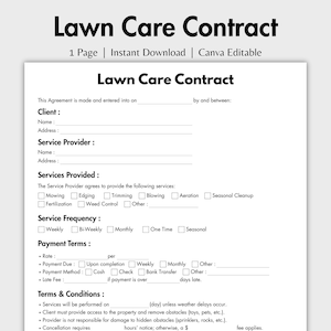 One Page Lawn Care Contract, Editable Landscaping Contract Template Canva, Printable Service Contract, Mowing Contract Garden Care Agreement