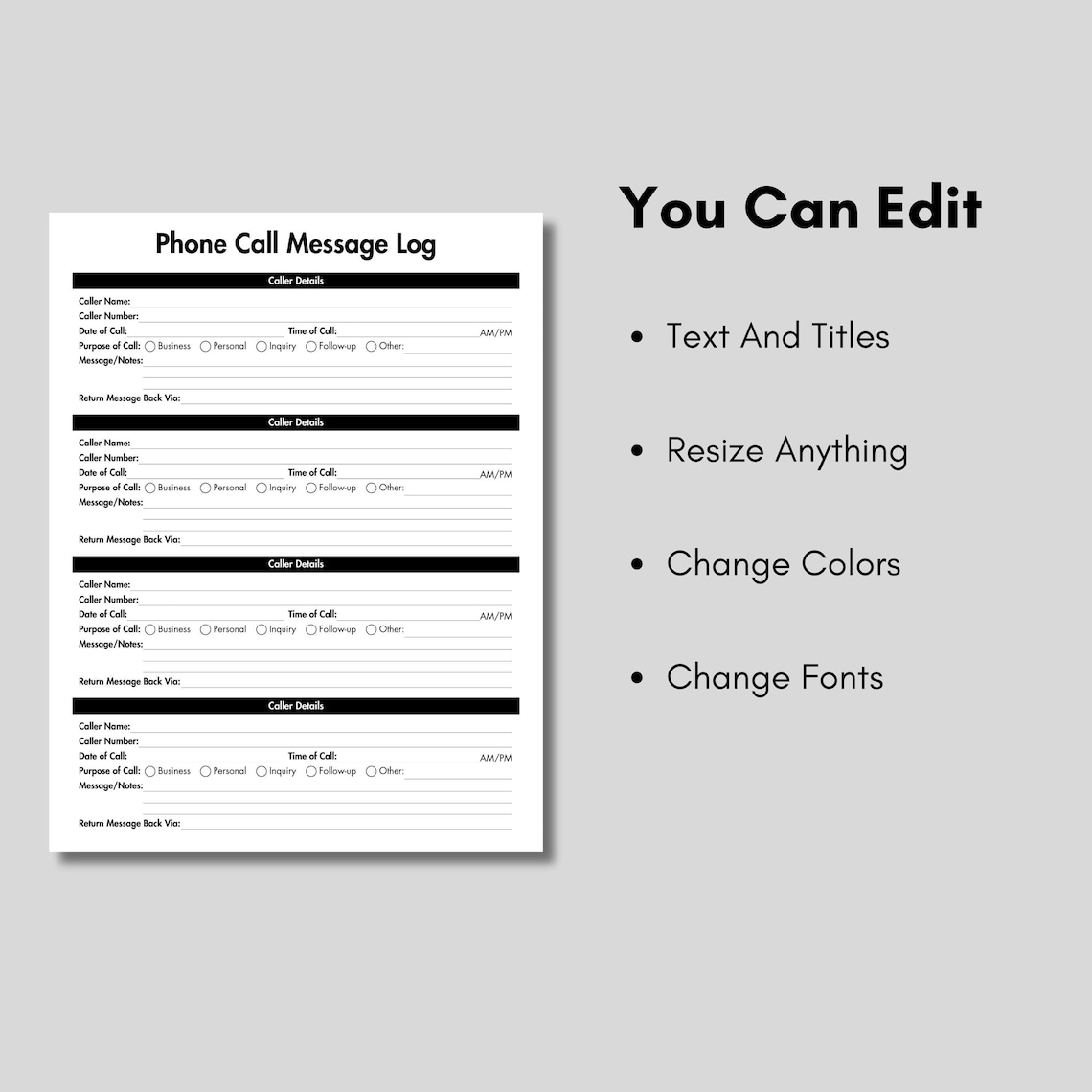 Phone Call Message Log Template Black, Communication Log Form ...